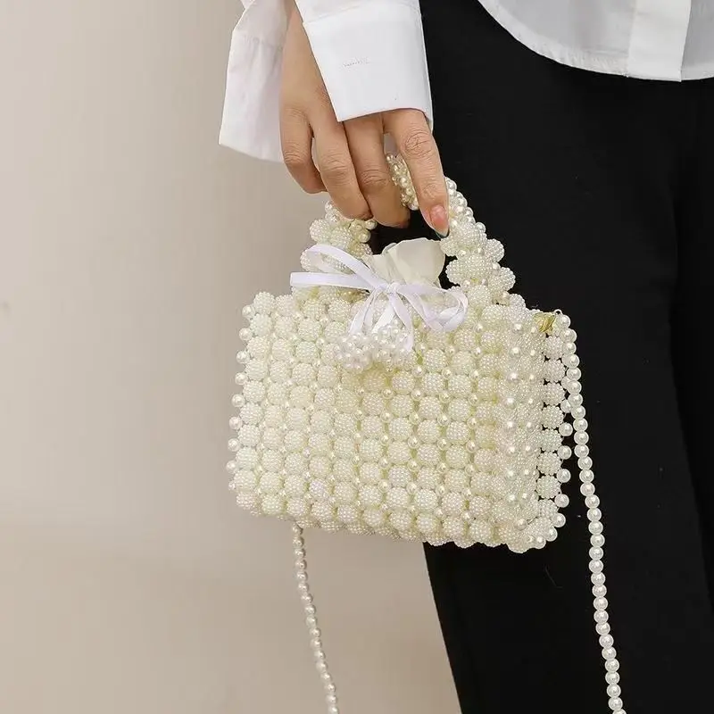 

Beaded Party Evening Bag Handmade Hollow Woven Bag Wedded Clutch New Shoulder Bags Luxury Pearls Bags for Women Handbag