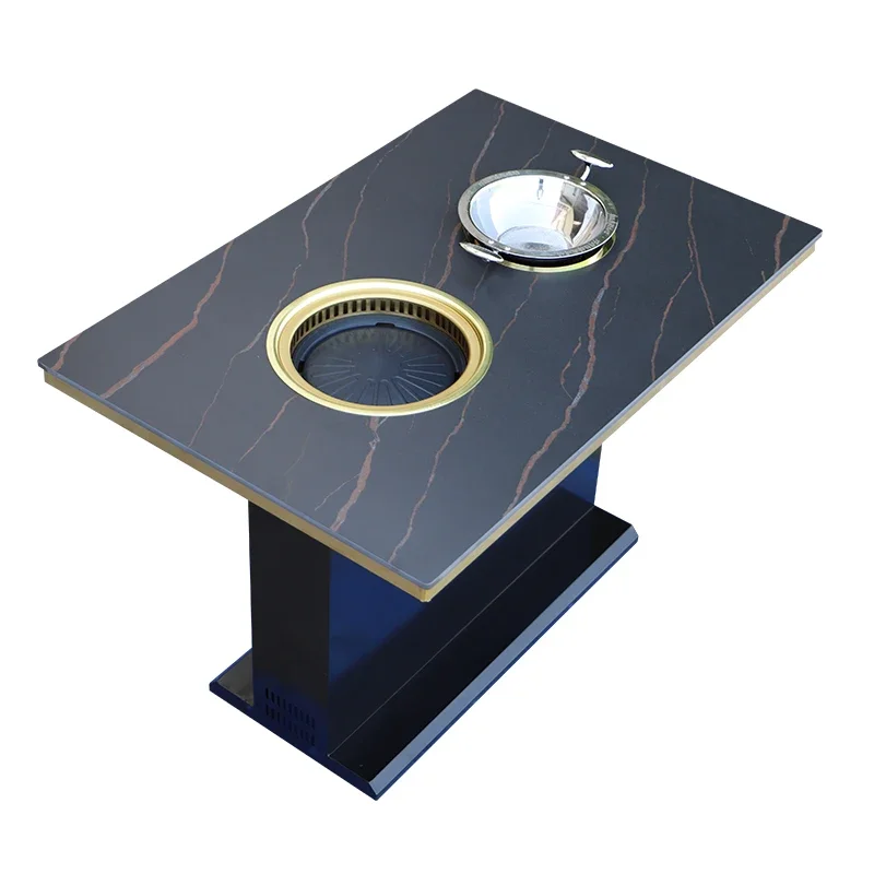 Support customized marble rock plate stainless steel barbecue hot pot table, smokeless induction cooker integrated table