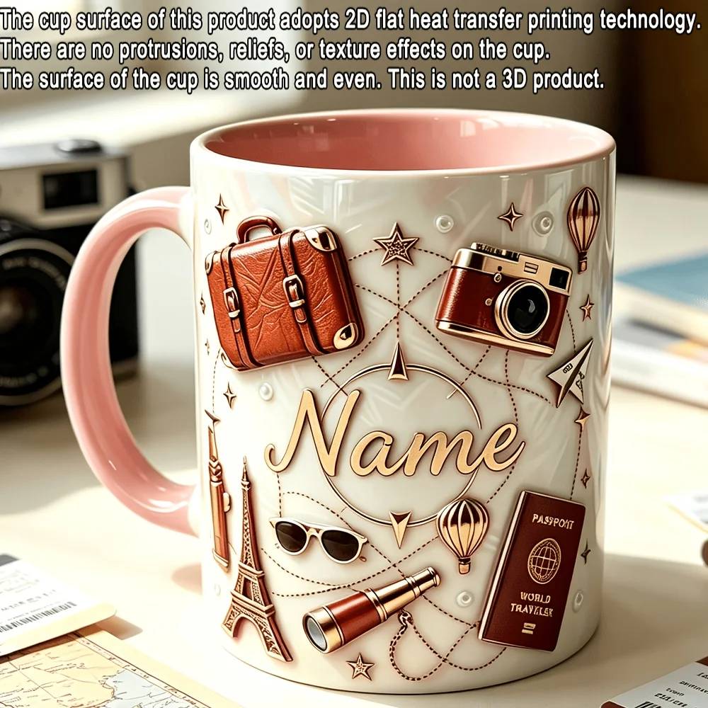 Personalized 2D Flat Printed World Landmark Travel Gear Coffee Mug Custom Name Pearl Print Pattern Pearl White Ceramic Daily Tea