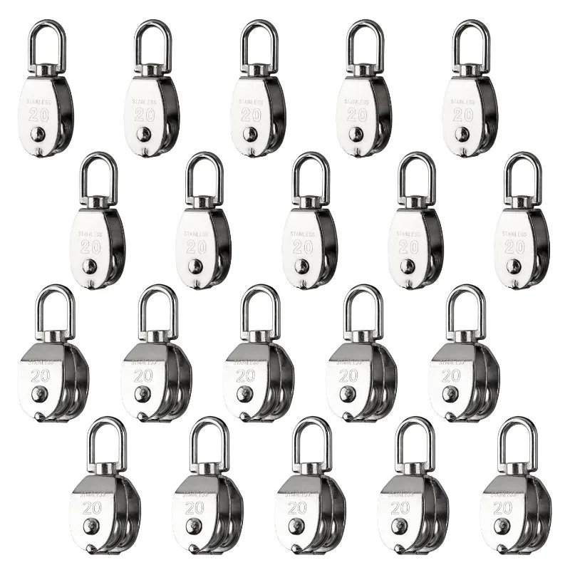 20 Pack M20 Pulley Block, 10 Pcs Single Pulley & 10 Pcs Double Pulley 304 Stainless Steel Wire Rope Lifting Swivel Hook