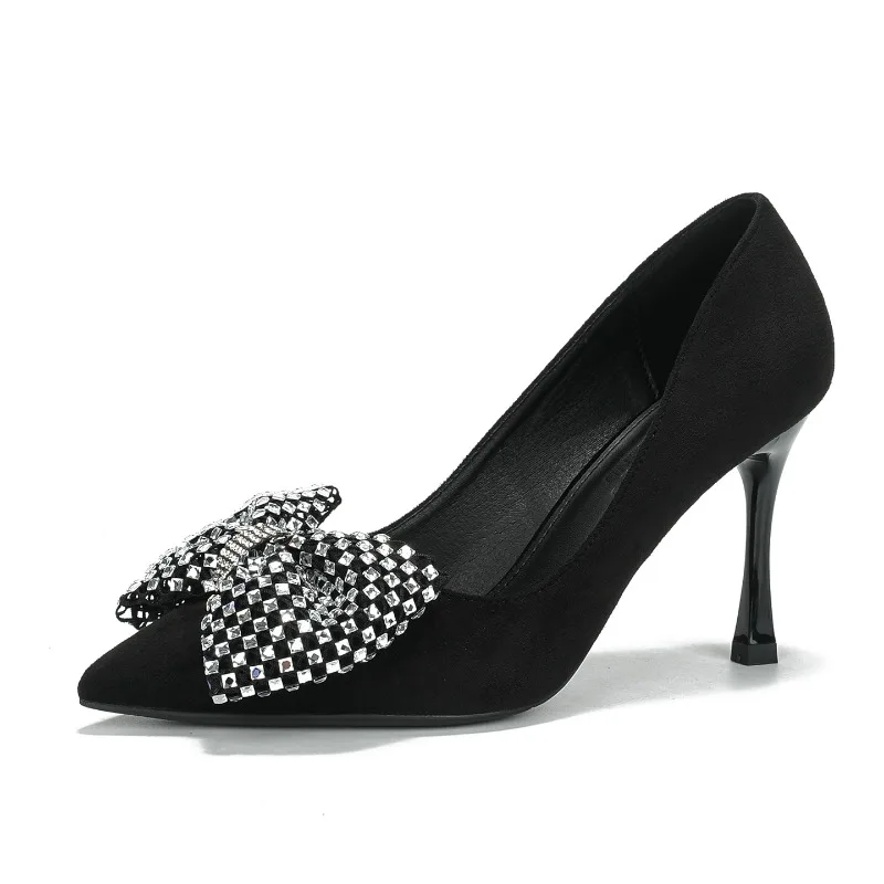 Small Size 31-43 Bow Rhinestone High Heels Women Pumps Large Size Black Thin Heel Sexy Advanced Sense Pointed  Toe