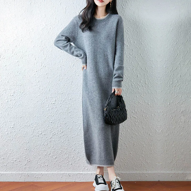 ZYCZCXXFall/hiver 2025 nouvelle robe tricotée 100% laine Pure femmes couleur ample correspondant à manches longues col rond robe de mode douce