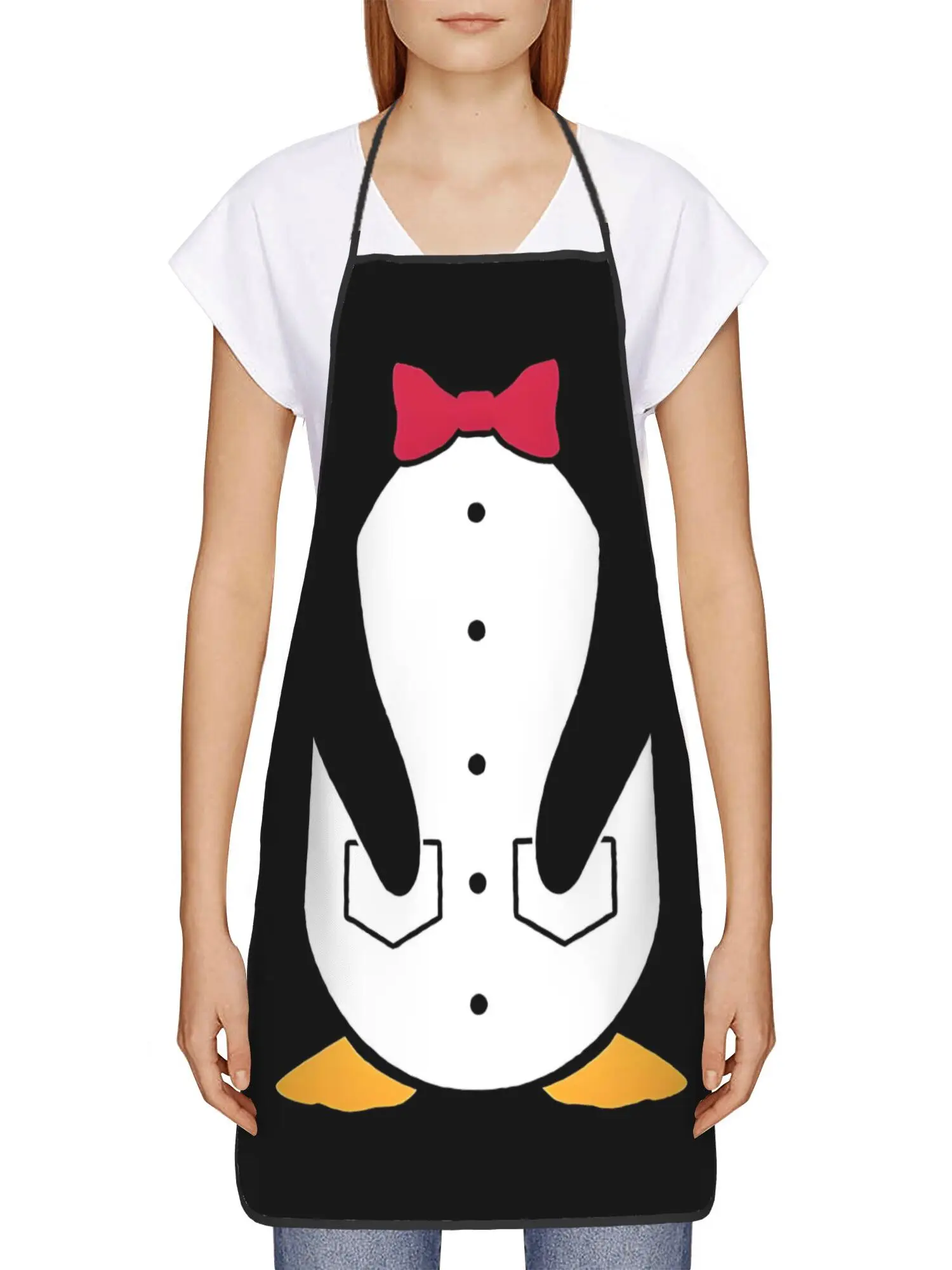 Penguin Tuxedo Apron – Black & White Cartoon Penguin with Red Bowtie,  Polyester,  Unisex, No Pocket
