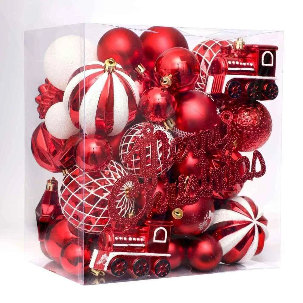 Christmas Ball Ornaments Set, 65 pcs Red & White Shatterproof Xmas Balls Decorative Hanging Ornaments, Tree Ornaments Assorted