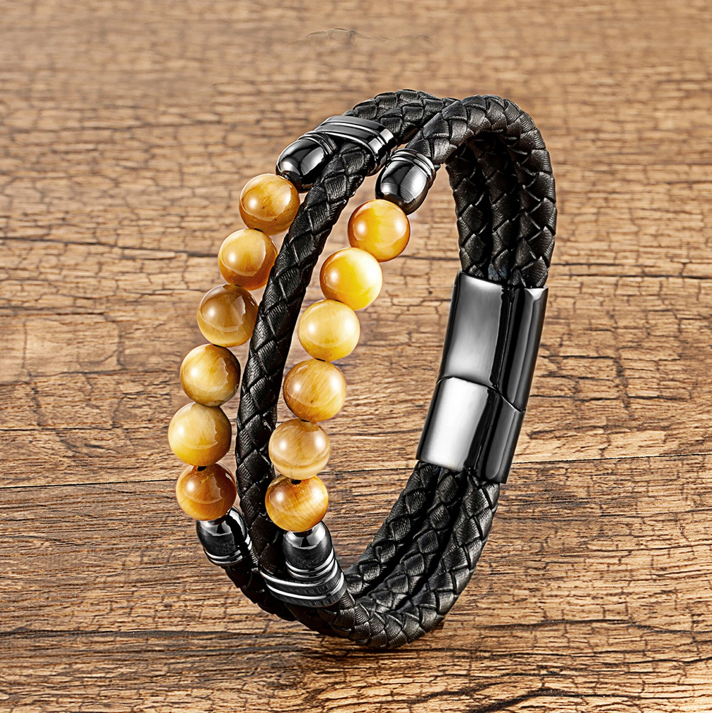 High Quality Natural Round Lava Stone Charm Bracelet For Man Retro Multilayer Leather Bangles Tiger Eye Jewelry Bracelet Homme