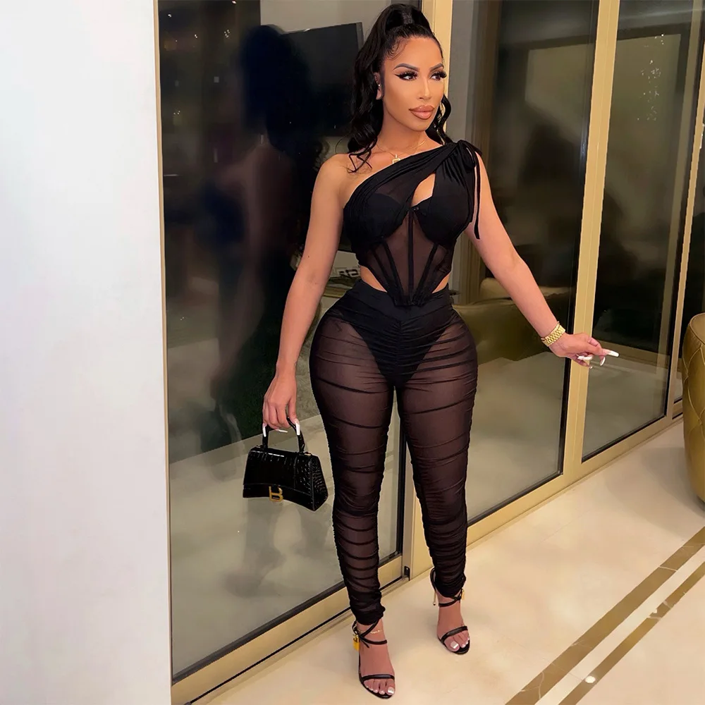 

Тенденция женской одежды 2025 года, модный сексуальный черный сетчатый прозрачный асимметричный топ на одно плечо с длинными брюками, комплект из двух предметов