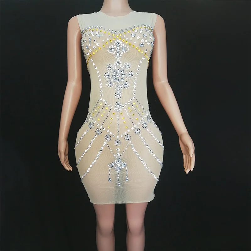 Nieuwe Mesh Diamond Ingelegd Perspectief Ritssluiting Slim Fit Korte Rok Vakantie Feestavond Jurk Zangeres Sexy Podium Outfit