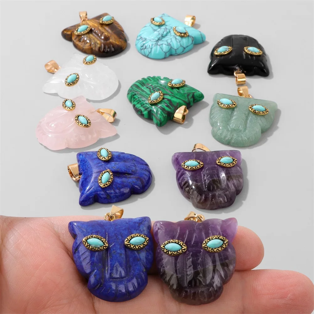 

1PC Natural Carved Leopard Head Shape Stone Pendant Inlaid Evil Eye Pattern Design Charms For Jewelry Making Necklace DIY 30MM