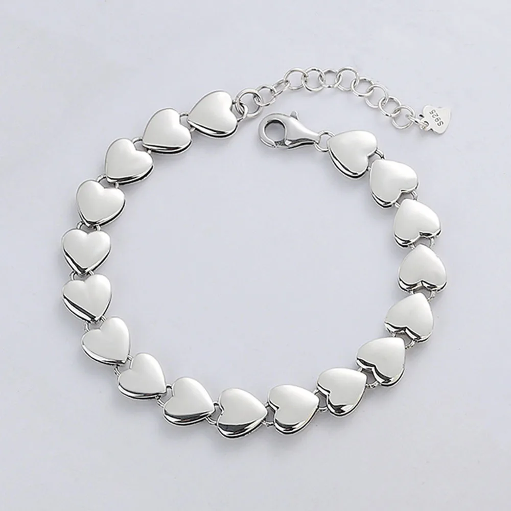 

Real 925 Sterling Silver Bracelet Women‘s Polish Heart Link 16cm add 3cm Length