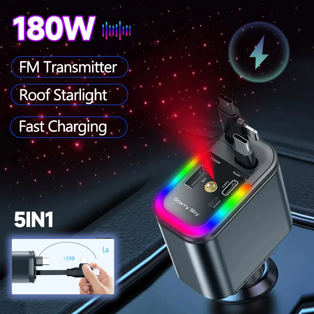 5IN1 شاحن سيارة قابل للسحب FM الارسال ضوء النجوم الهاتف نوع C كابل آيفون شحن سريع الحبل ولاعة السجائر محول