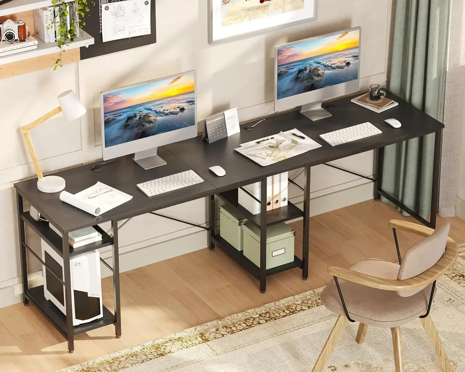 95.2” L Shaped Desk, Reversible Corner Computer Desk or 2 Person Long Table with Adjustable Shelves