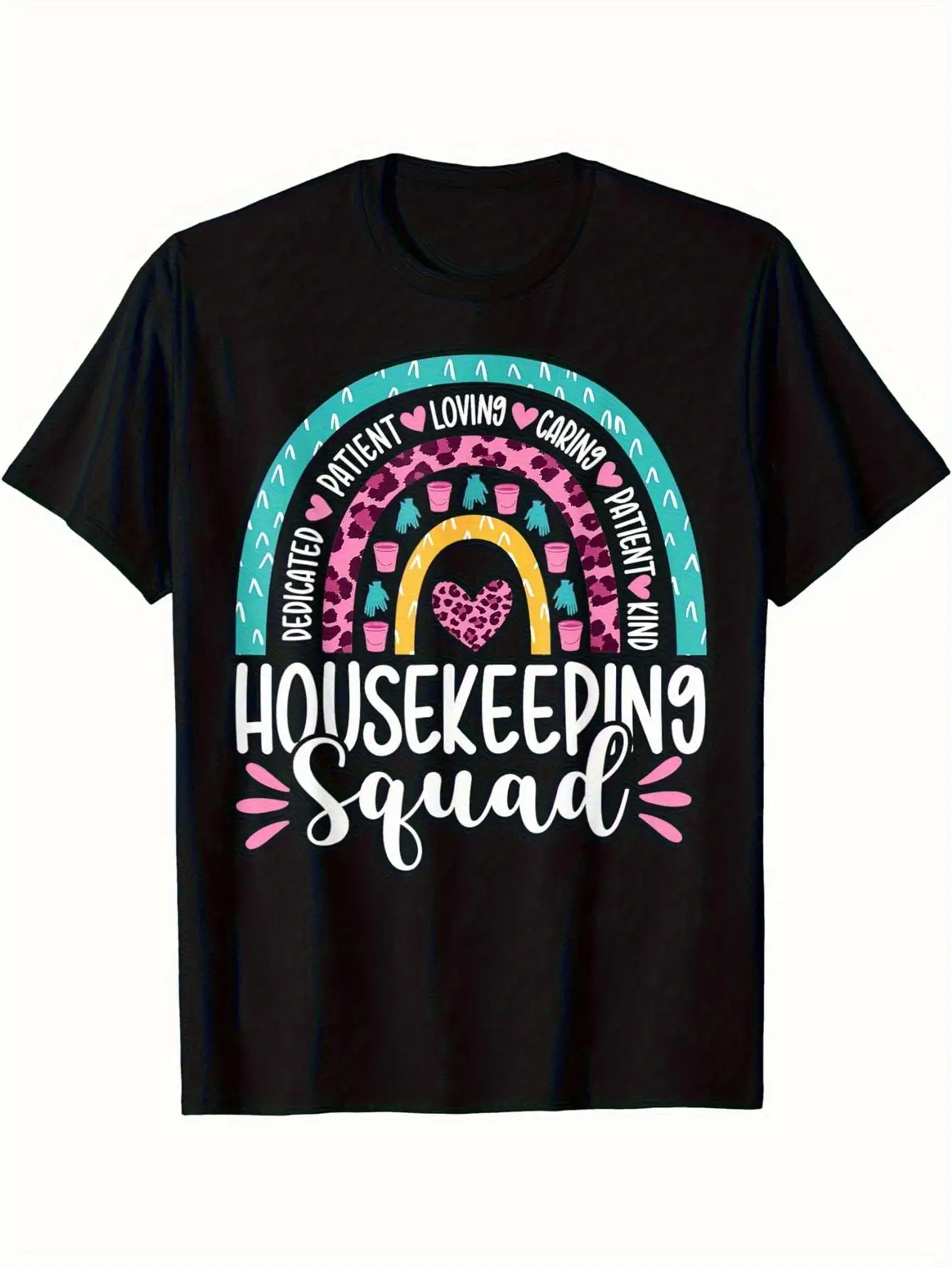 Men's Home Cleaning Squad Rainbow Leopard Print T-Shirt - Black with colorful home cleaning thank you design, short-sleeved round-neck casual shirt, suitable for hotel employees, comfortable fit for all seasons, durable digital print non-stretch fabric