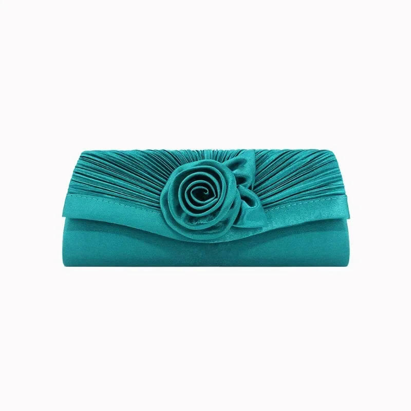 Pleated Satin Clutches Women Silk Gloss Surface Cloth 3D Flower Wedding Evening Bags Plain Colors Handbag Envelope Clutch Purse