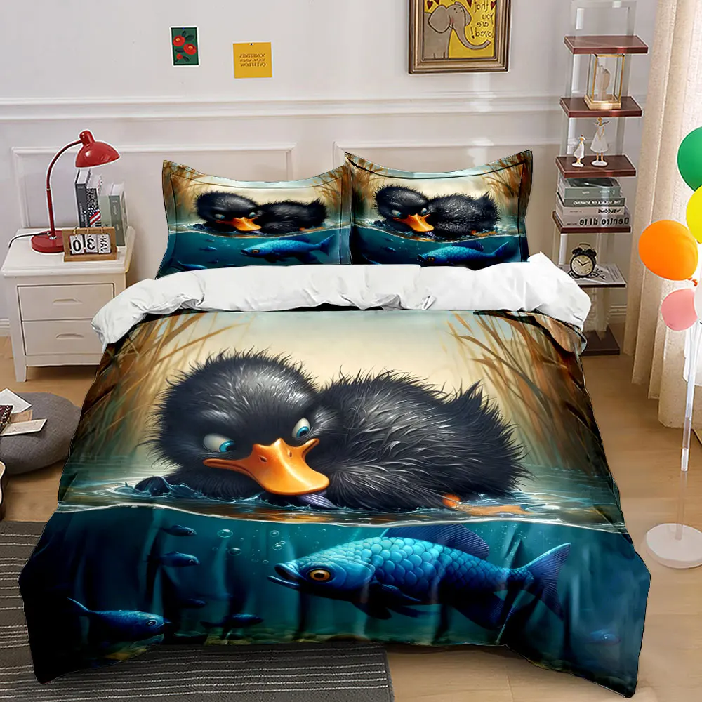 Black duckling observes blue fish Pattern Duvet Cover Set Digital Print Colorful Polyester Bedding with Zipper Closur gifts