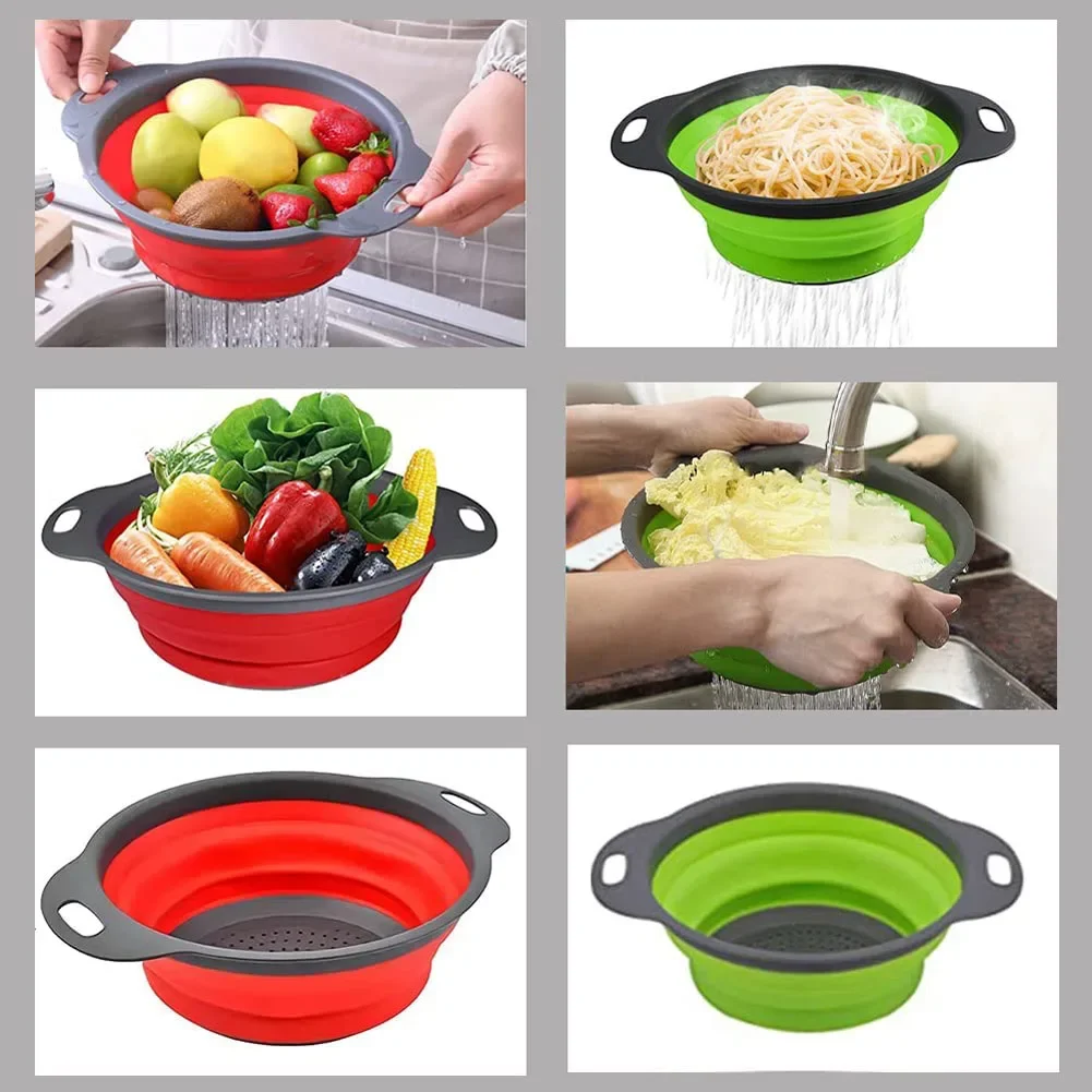 Silicone Round Folding Vegetable Fruits Washing Drain Basket Collapsible Colander Strainer Basket Kitchen Gadgets