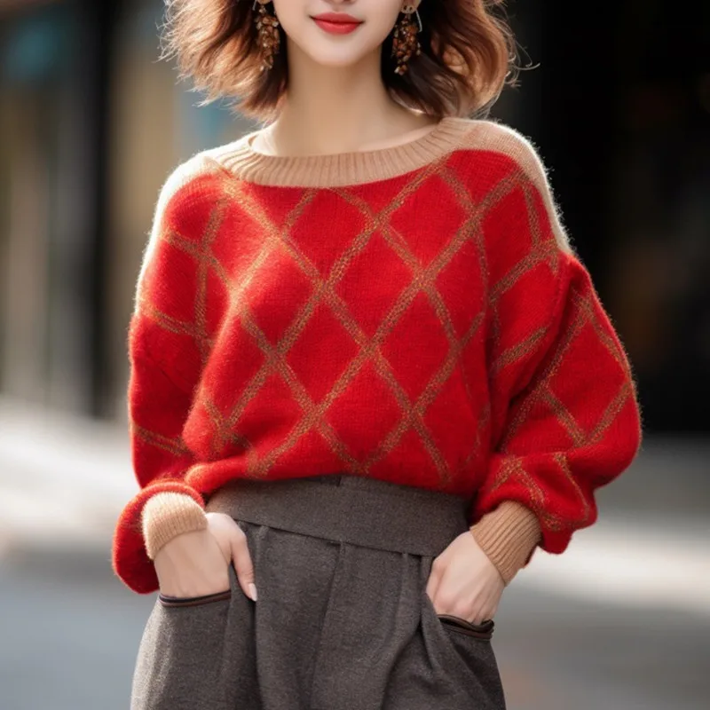 

Red Diamond Pattern Pullover Sweater Women AutumnAnd Winter Lazy Soft Waxy Loose Beautiful Knitted Tops