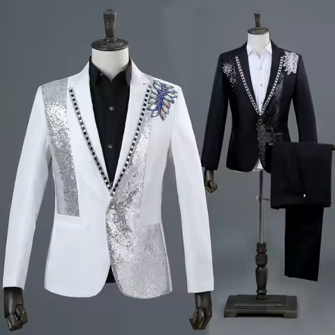 (Jacket+Pants) New Men Wedding dance Party Luxury Sequined Suits , White Black, Fashion Singer Host Stage Performance Dress 2-P