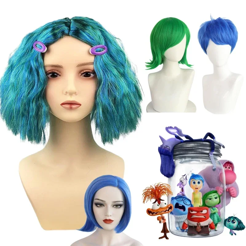 Joy Wig Movie Inside Cos Out Anxiety Cosplay Wigs Blue Short Curly Sadness Disgust Women men Halloween Cosplay Wig