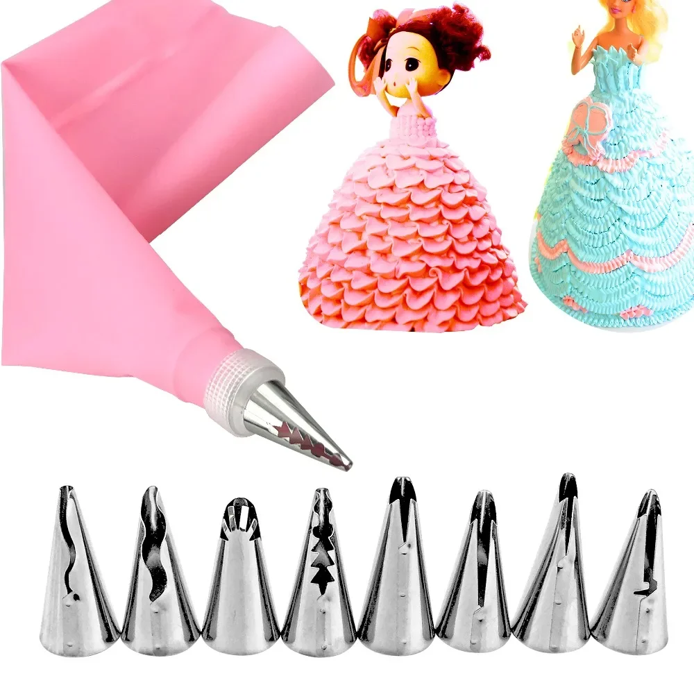 10pcs/set Icing Stainless Steel Russian Nozzles Wedding Cake Decor Skirt Cake Nozzles Piping Tips Pastry Silicone Cake Bags