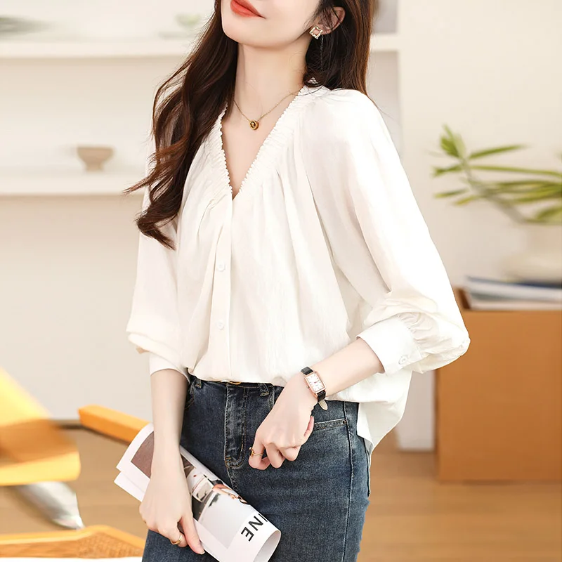 Women\'s Clothing French Style Solid V-neck Shirts Spring Summer Casual Loose Long Sleeve Button Blouses Chic All-match Tops