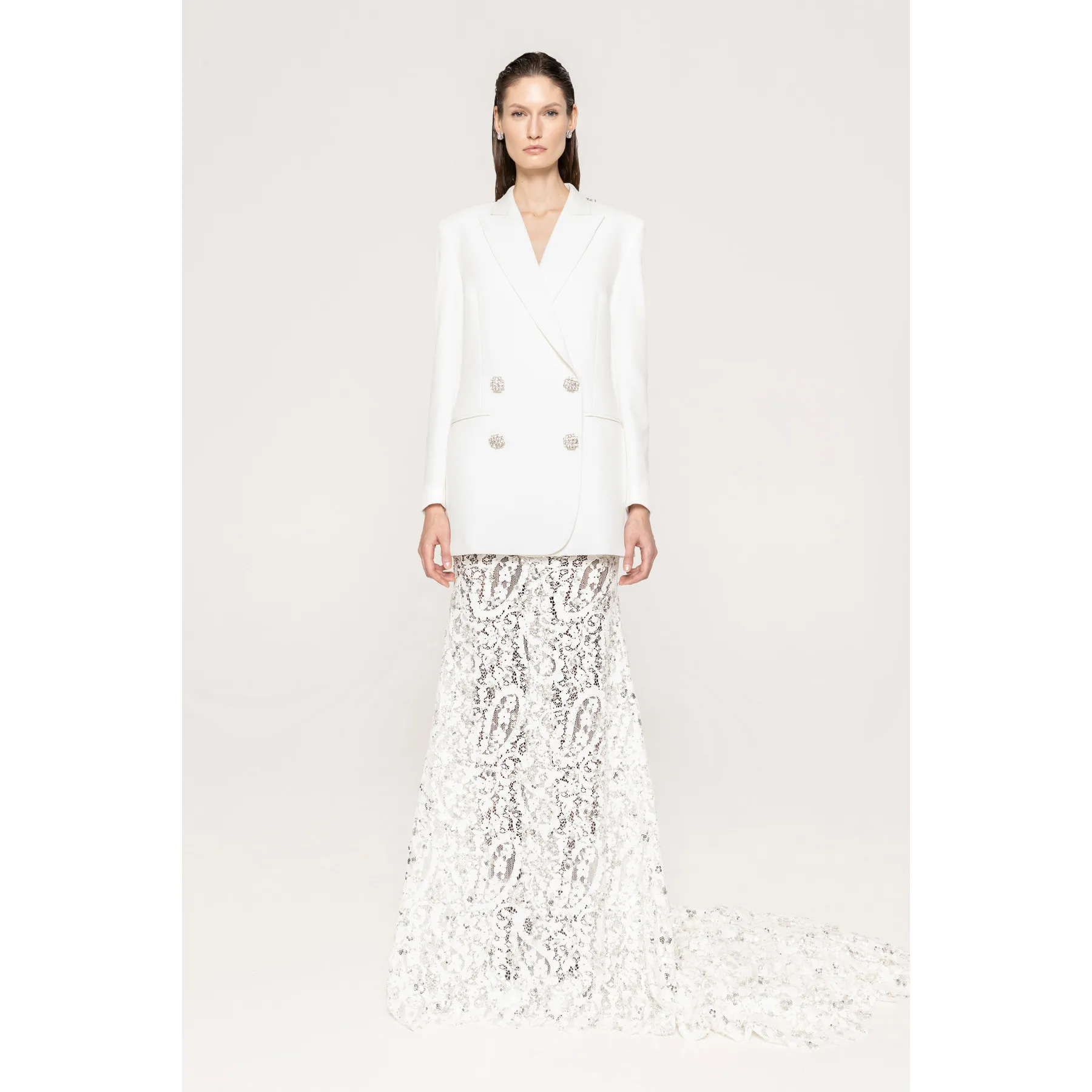 

Faionable White V-Ne Long Sve Bal Sequin Skirt Suit New Arrival Ele Celebri Toasting Dr Knitted Fabric