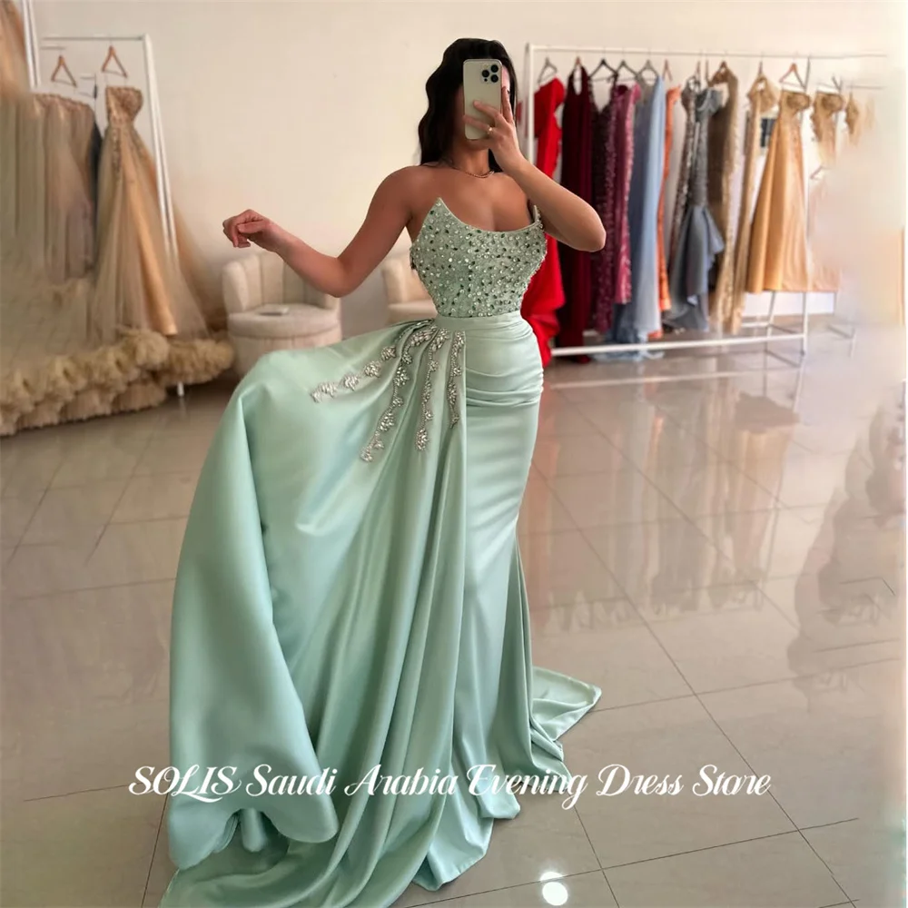 

SOLIS Mint Green Prom Dresses Scoop Neck Evening Dress with Beaded Bodice Party Dresses Pleated vestidos de fiesta Customized