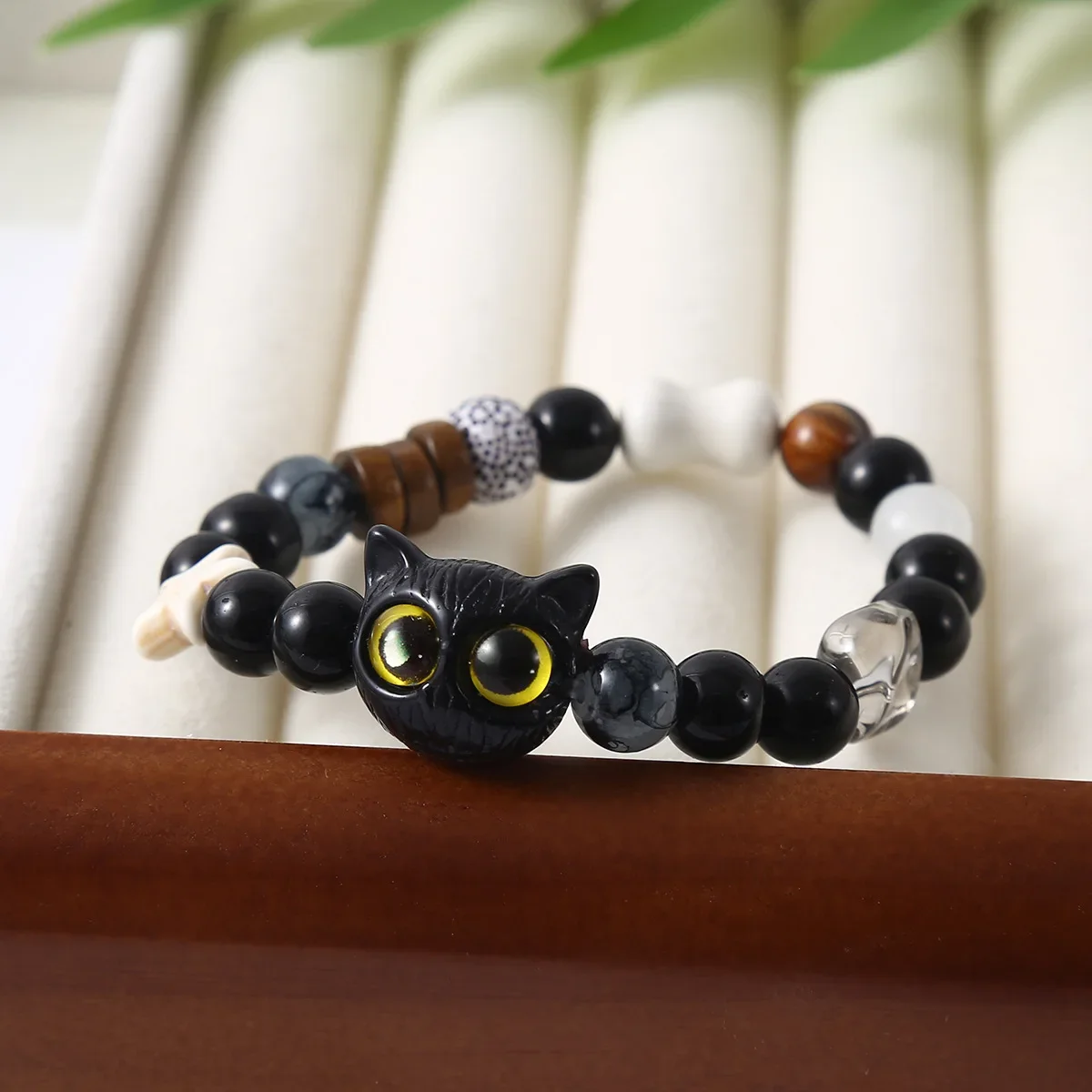 Cute Black Cat Blue Yellow Eyes Beaded Woven Bracelet for Men Women Kitten Bone Star Charm Bracelet DIY Trendy Accessories Gifts