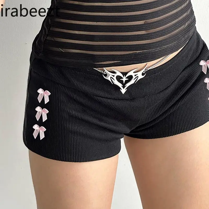 

Cute Little Bow Decoration Slim Low Fanny Pack Hip Pants Y2k Girls Sweet Hot Sexy Short Shorts Pantalones Cortos De Mujer