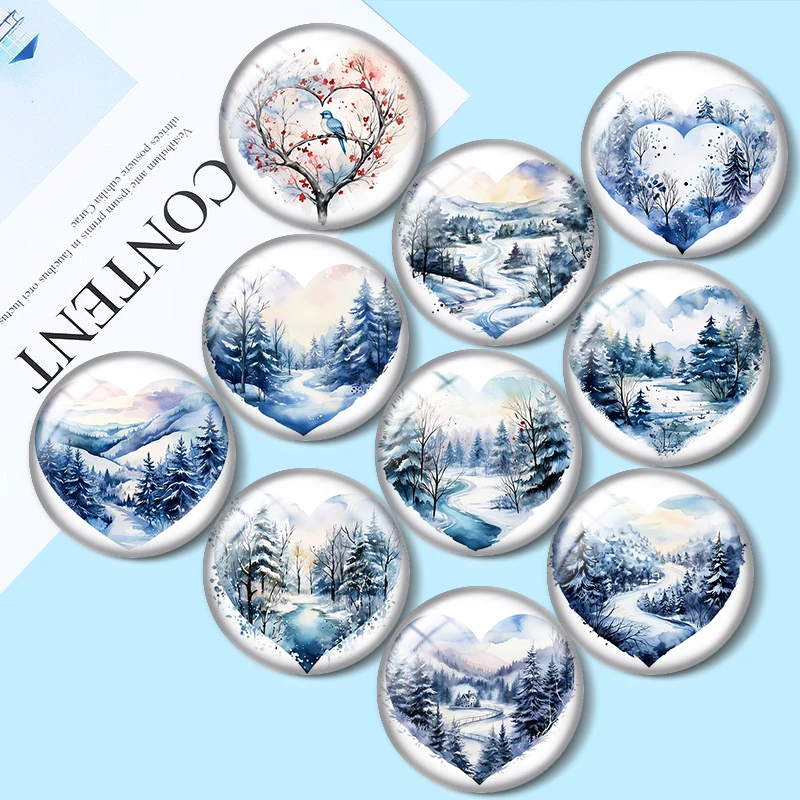 

Heart Shape Winter Scene Watercolor 10pcs 12mm/16mm/18mm/25mm Round Photo Glass Cabochon demo flat back Making findings 2 sold