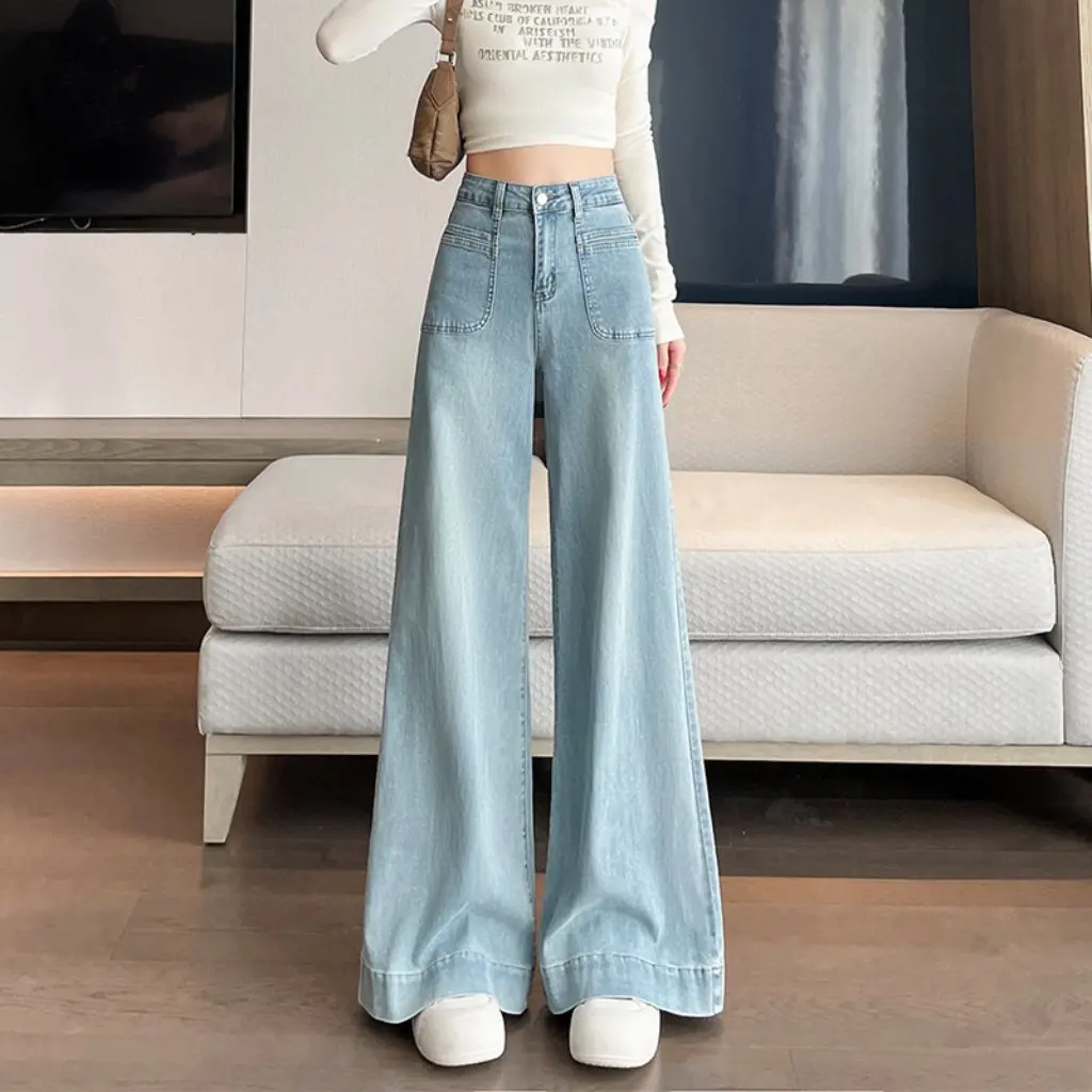 

Небесно-голубые широкие джинсы для женщин, эластичные свободные облегающие джинсы, весна-осень, новый стиль, большой рог