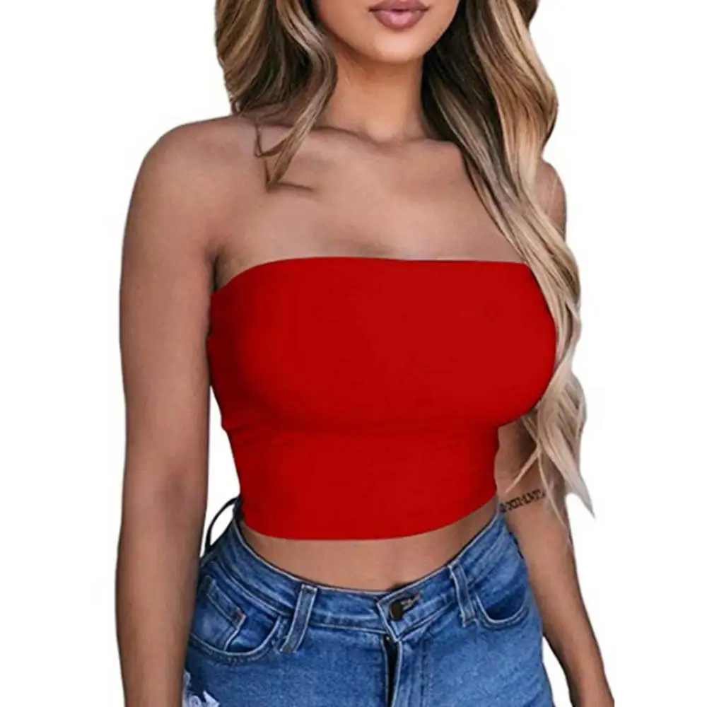 Club Bar Women Sexy Solid Color Vest Strapless Cropped Mini Bustier Slim Elastic Tube Top