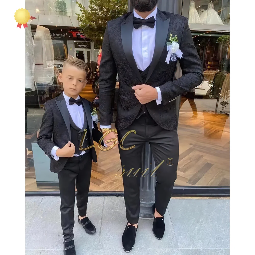 Boys formal occasion navy blue suit 3-piece suit (printed jacket vest black trousers) custom children's banquet wedding dress