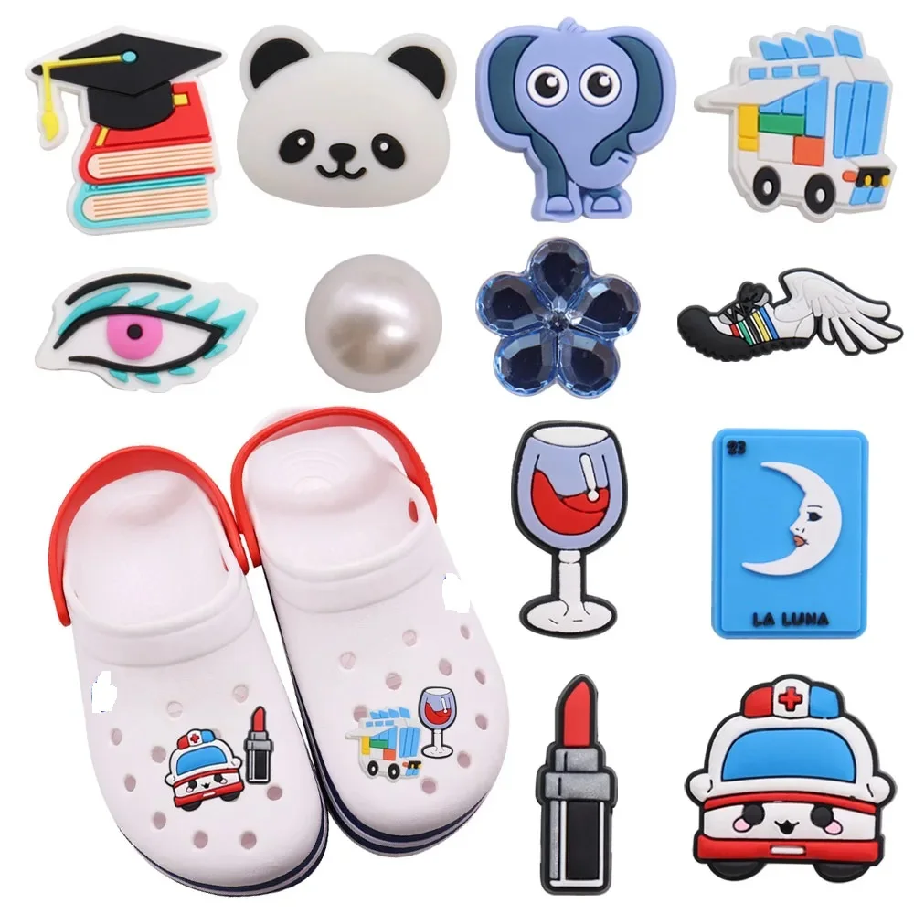 Mix 50pcs PVC Blue Shoe Charms Elephant Panda Eye Red Wine Moon Ambulance Book Sandals Shoes Decoration Slipper Accessories 