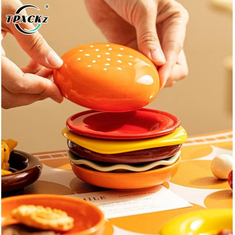 SL 6Pcs High Value Bone Spit Plate Stackable Hamburger Plate Set Burger 6 Layers Dinner Plate Funny Sauce Containers Table Dec