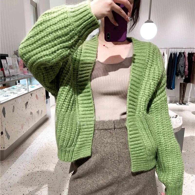 

2022 Autumn Winter New Women Sweaters Candy Colored Loose Warm Cardigan Long Sleeve Coarse Yarn Knitting Outerwear