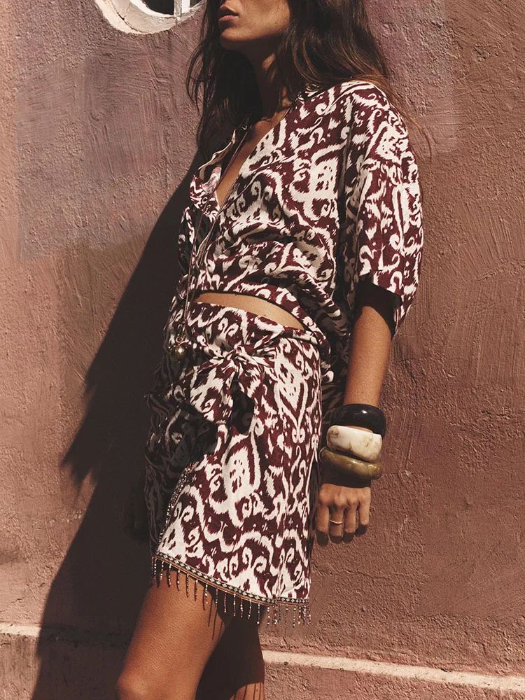 Ele Summer 2025 Women's Printed High Waist Skirt Tassel Trim Vaion Sle Commute Stand Fit Other Material 00%