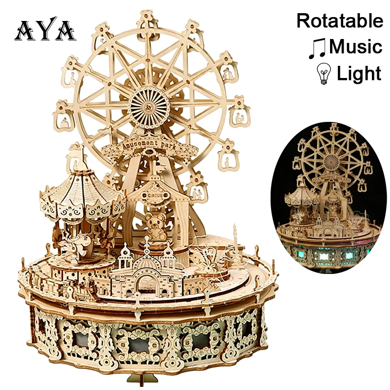 

Dream Amusement Park 3D Wooden Puzzle Led Rotatable Ferris Wheel Music Octave Box DIY Assembly Model Kit Toy Gift for Teen Adult