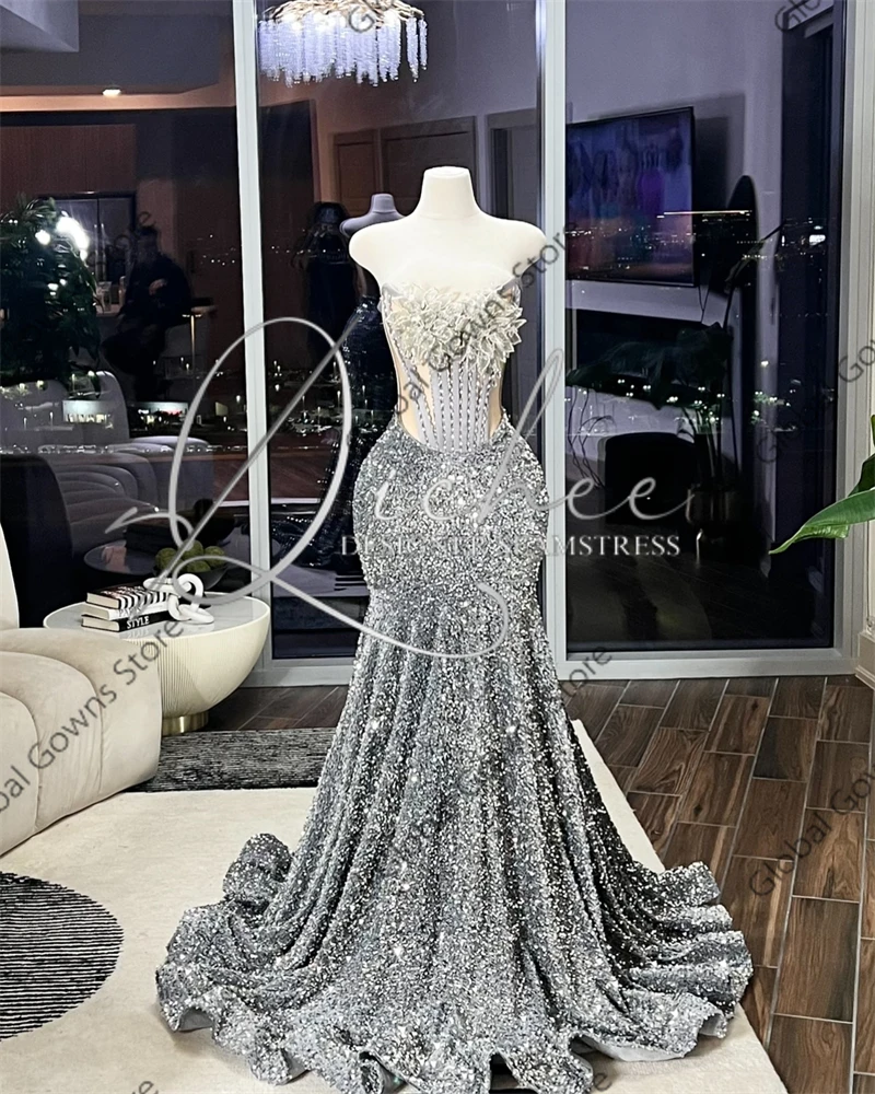 Sparkly Silver Sequin Prom Dresses Long Bead Crystal Strapless 2024 Birthday Luxury Dress Black Girls Evening Gown Customized