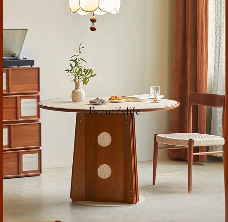 

Travertine rock slab round table medieval solid wood round restaurant table
