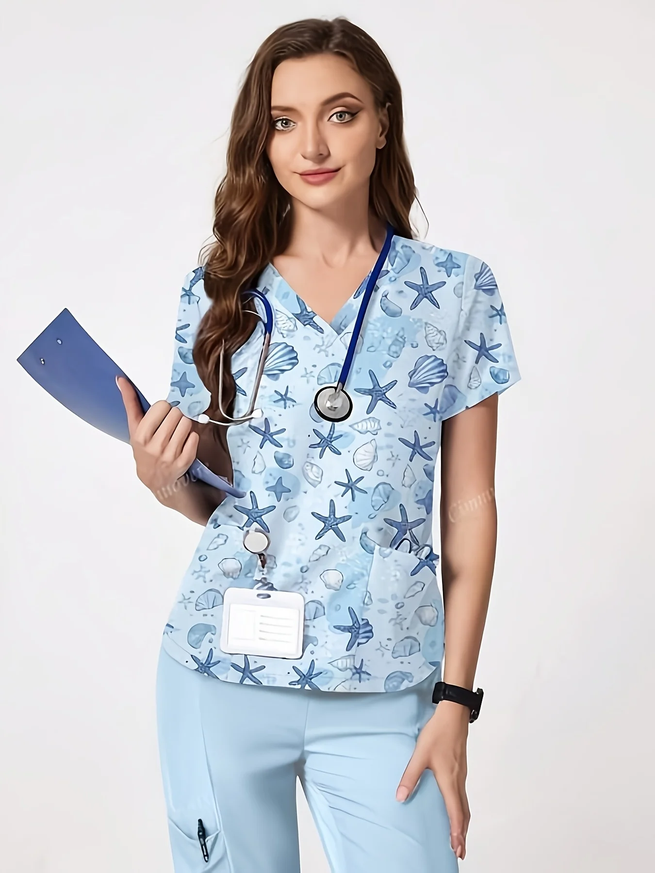 uniforme-de-enfermeira-feminino-confortavel-e-fashionavel-com-decote-em-v-e-bolso-estampa-de-vida-marinha-impressao-em-3d