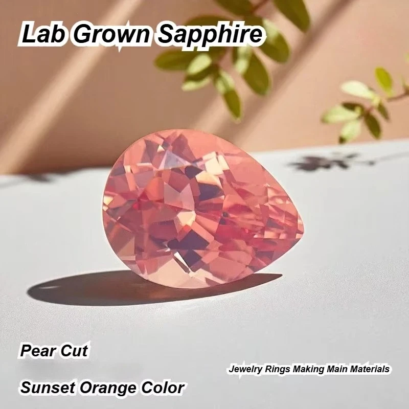 Hochwertiger Laborgezüchteter Saphir im Birnenschliff, Sonnenuntergang-Orange, Charms für Schmuckherstellung, Hauptmaterialien wählbar, Zertifikat – Detail 1
