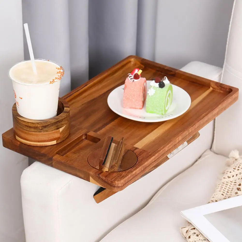 Bamboo Couch Tray Clip-on Sofa Food Tray with Cup Holder Phone Mount High Stability Minimalist Style 3-in-1 Drink for Couch