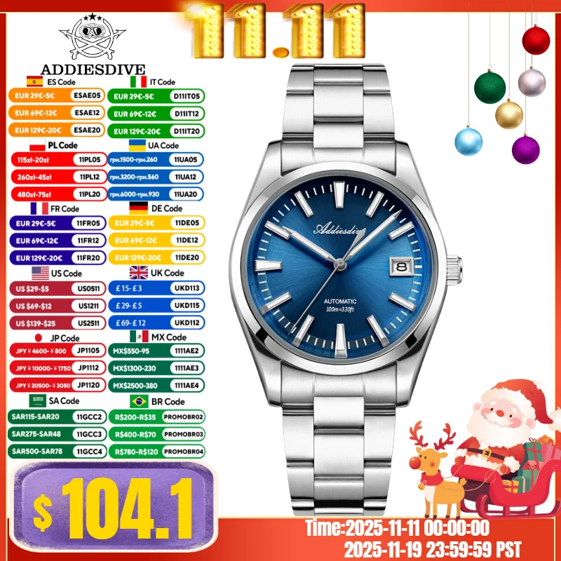 

ADDIESDIVE Watch For Men 100m Waterproof 39mm Bubble Mirror Glass BGW9 Super Luminous Japan NH35A Automatic Mechanical Watch