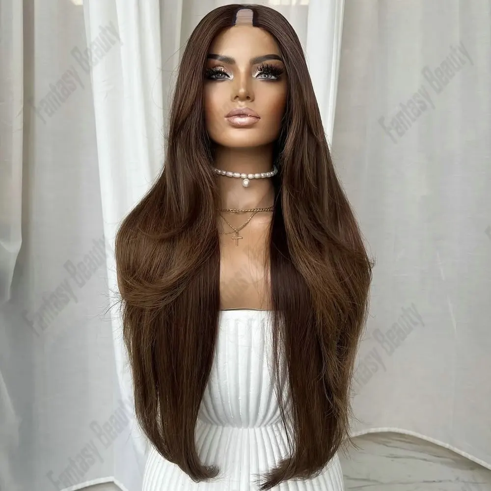 

Бесклеевые длинные натуральные прямые индийские человеческие волосы Remy 1x4U, часть париков, 30 дюймов, простая установка, бесклеевой парик, полностью машинное производство, V-образный парик