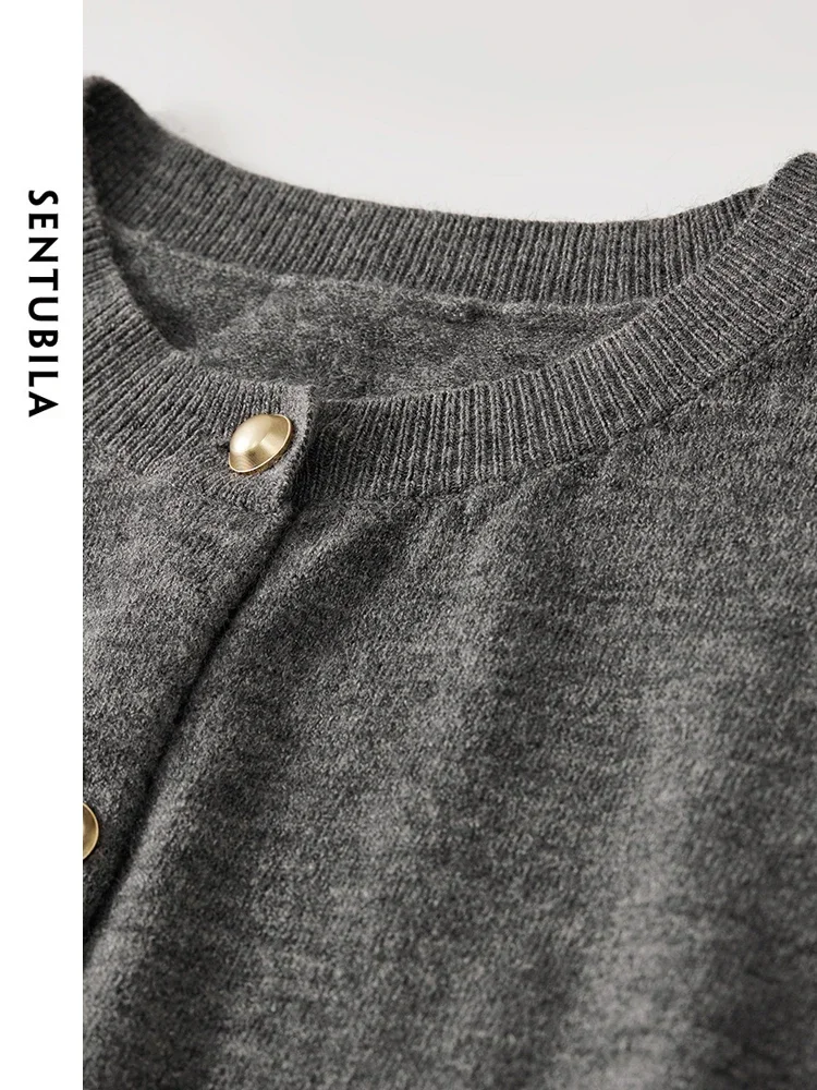 SENTUBILA Casual Loose Cardigan Women 2024 Autumn Solid Single Breasted Long Sleeve Round Neck Simple Basic Tops W43E56755