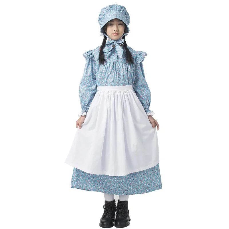 

qq34Pioneer Dress for Girls Child Colonial Historical Costume Vintage Floral Prairie Pilgrim Village Carnival Party Fairy Outfit