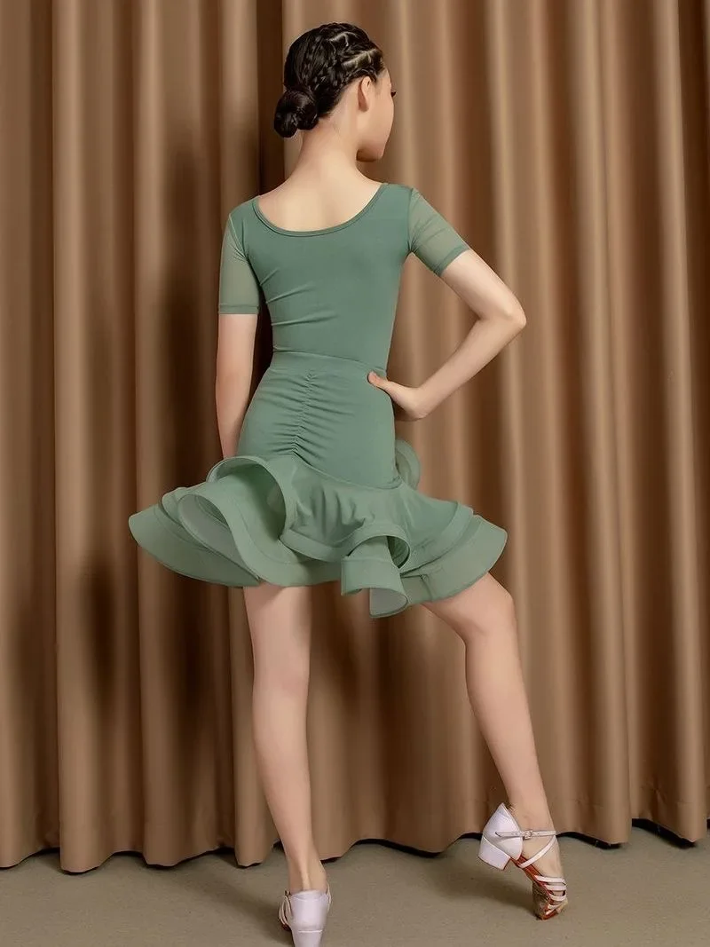 فستان امرأة أمريكية لاتينية، تنورة رقص، فستان مسابقة الرقص اللاتيني، تنورة رقص، فستان أخضر للفتيات الصغيرات، زي المسرح