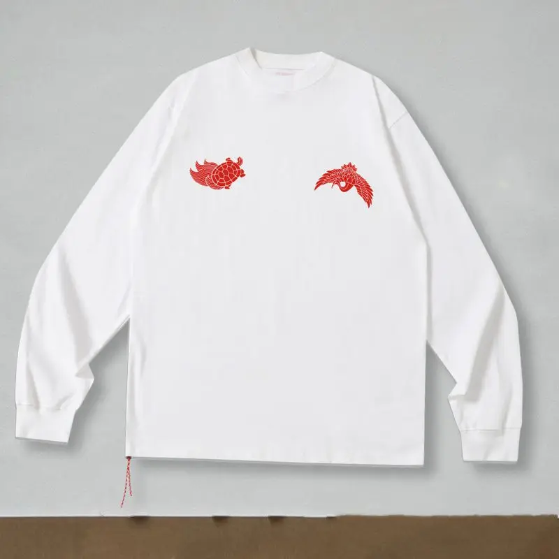 Breathable Cotton Beams Long Sleeve Red Turtle Phoenix Print Weaving Red Rope Round Neck Tshirts Fashion Street Cleanfit  Tops