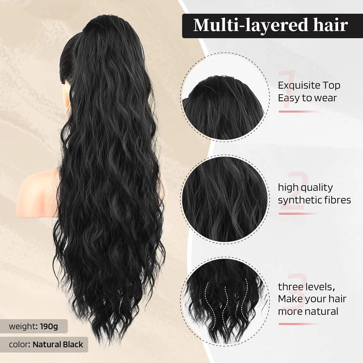 Ponytail Extension, Drawstring Ponytail Hair Extensions for Women Long Curly Wavy Ponytail Natural Wavy Synthetic Hair