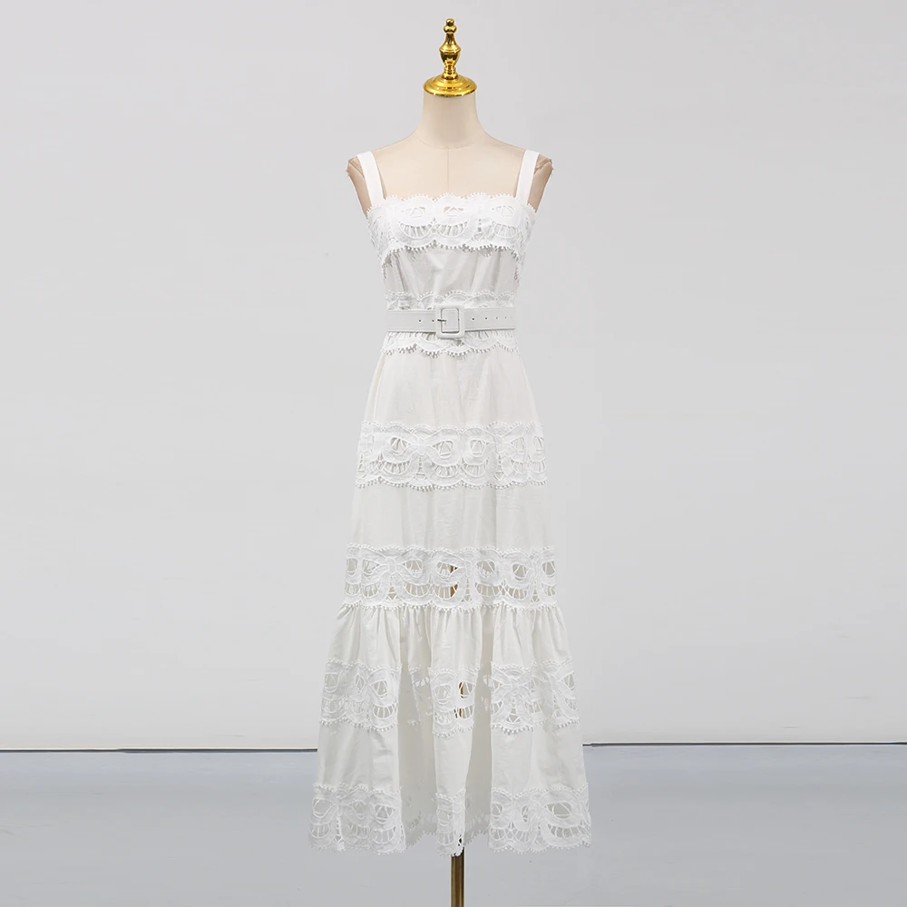 TWOTWINSTYLE Solide Aushöhlen Elegante Kleider für Frauen Square Neck Ärmellose Patchwork Spitze Kleid Weibliche Mode Kleidung Neue